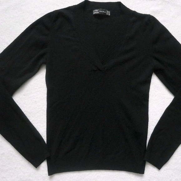 ZARA sleek black stretch vneck sweater sz S EUC! - Picture 2 of 3